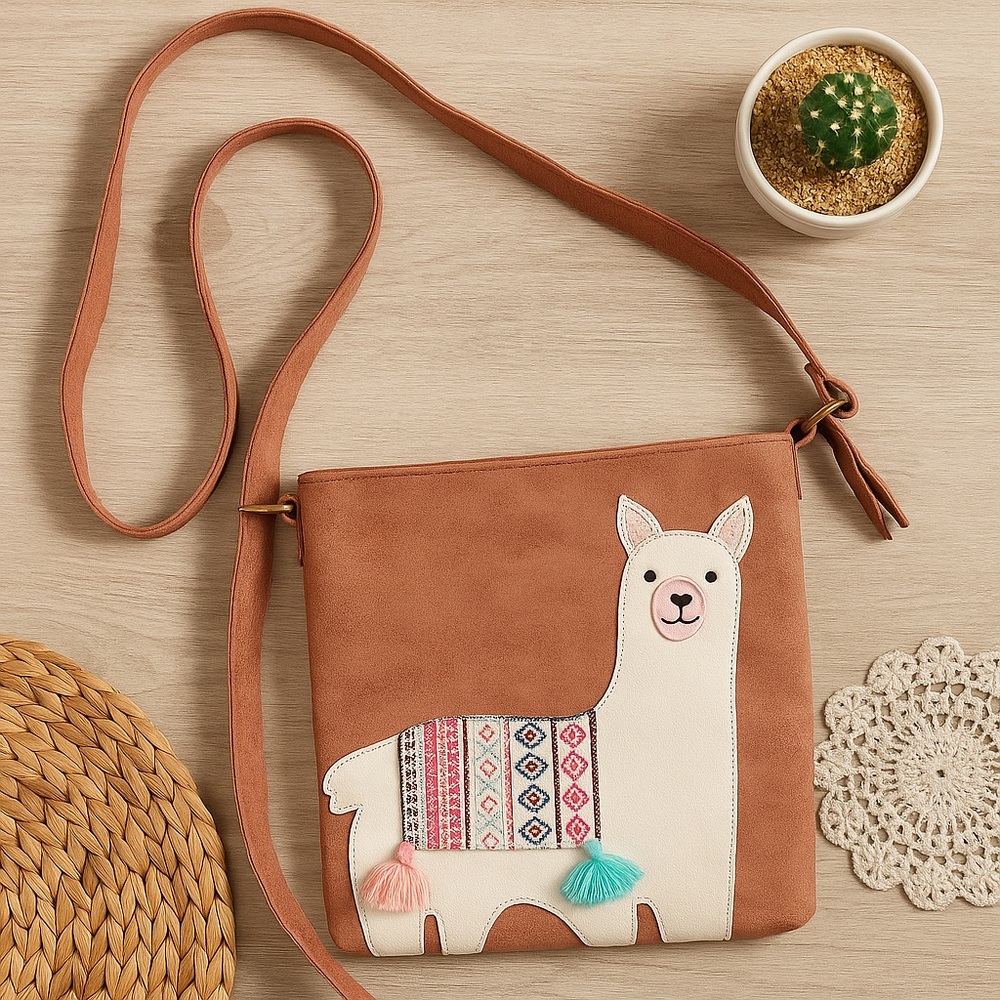 Llama Crossbody Purse with Colorful Embroidery & Pom Poms | Boho Faux Suede Bag